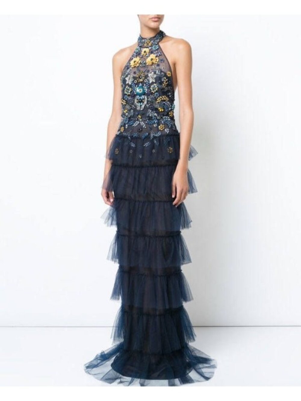 V-33. Marchesa Notte Embellished Floral Tiered Gown Blue